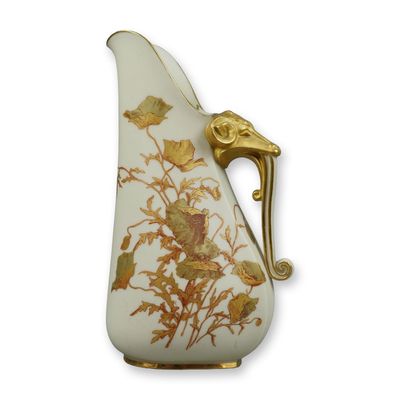 Royal Worcester Porcelain Flat Back Pitcher with Gilded Ram Head Handle and Floral Decoration