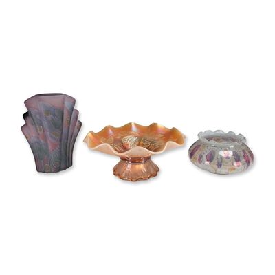 3pc Decorative Art Glass Vessels, Rueven, Simron & Carnival Glass