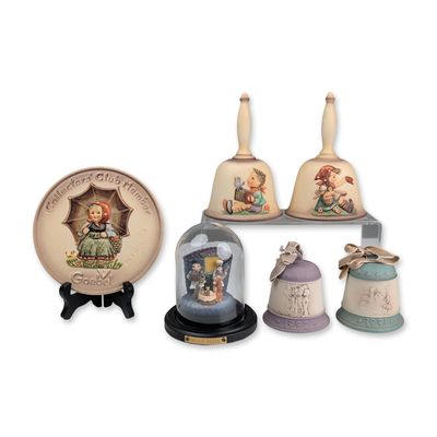 6pc Goebel Hummel and Disneyana Porcelain Ornaments, Plate, Hand Bells & Lady and The Tramp Bella