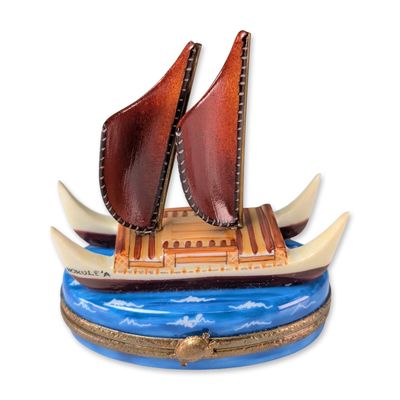 Limoges Hand Painted Hokulea Voyaging Canoe Trinket Box