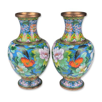Pair of Chinese Cloisonne Enamel Bird and Flower Vases