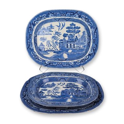 Trio of Staffordshire Blue Willow Pattern Platters