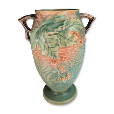 Roseville Bushberry Two-Handled Green Pottery Vase