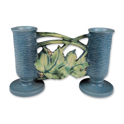 Roseville Pottery Double Bud Vase, Bushberry Blue