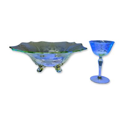 2pc Depression Era Uranium Etched Champagne Coupe and Footed Centerpiece Bowl