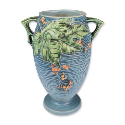 Roseville Pottery Two Handled Vase, Blue Bushberry