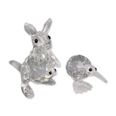 Two Swarovski Crystal Figurines, Mother Kangaroo with Joey and Kiwi