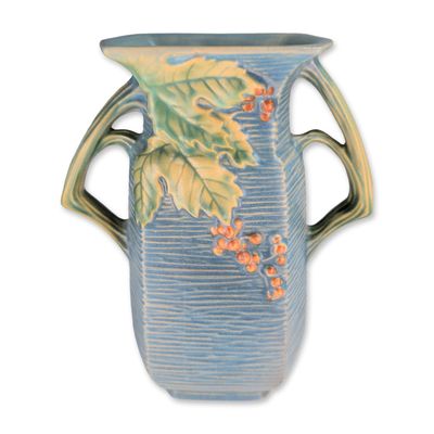 Roseville Bushberry Pattern Blue Art Pottery Vase