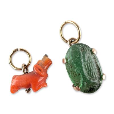 Two 14K Yellow Gold, Coral and Glass Animal Pendants