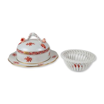2pc Herend Chinese Bouquet Orange Porcelain Covered Dish and Basket