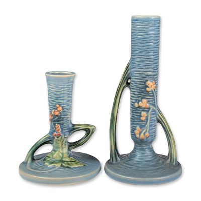 Two Roseville Pottery Bud Vase and Candleholder, Bushberry Blue