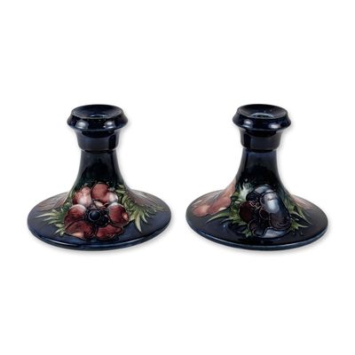 Pair of Moorcroft Anemone Pattern Ceramic Candlesticks