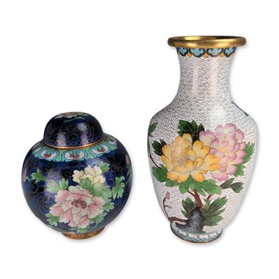 2pc Chinese Export Cloisonne Enamel Floral Vessels