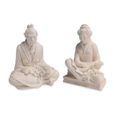 2pc Arnaldo Giannelli  (Italian, 1907-2005) Alabaster Composite Geisha and Samurai Figurines
