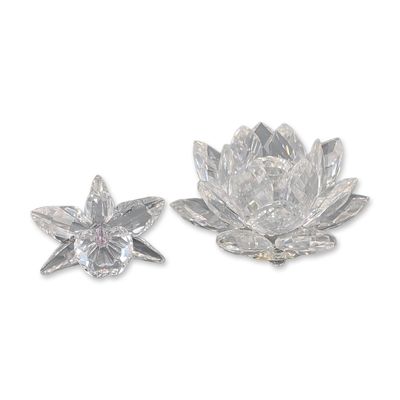 Two Swarovski Silver Crystal Waterlily Candle Holder and Orchid Figurine