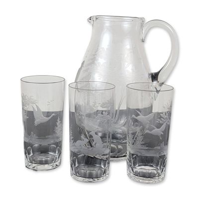 4pc Engraved Glass Hunting Motif Pitcher and Highball Set