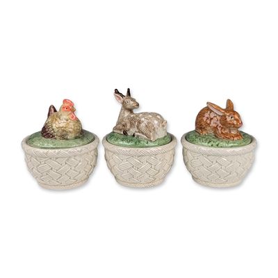 Three Fitz and Floyd Ironstone Lidded Animal Finial Jars