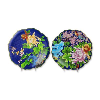 2pc Chinese Cloisonne Enamel Lobed Plates