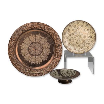 Three  India Decorative Metalware including Pedestal Bowl and Wall Plaques