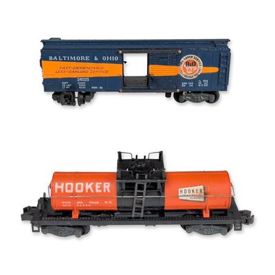 Two Gilbert American Flyer 3/16 Scale Trains, Hooker Chemical Car and B&O Box Car