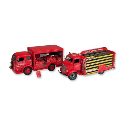 Two Danbury Mint Coca-Cola Delivery and Christmas Delivery Model Trucks, with Loose Bottle Crates