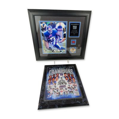 2pc New York Giants Framed Tiki Barber and Super Bowl XLVI Memorabilia