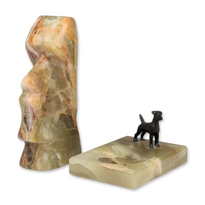 Two Banded Onyx Desk Accessories, Terrier Paper Clip Holder and Easter Island Head Paperweight
