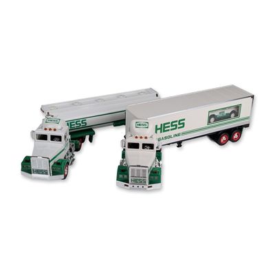 Two 1990s Hess Toy 18 Wheeler and Racer plus Tanker Truck with Boxes