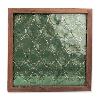 Emerald Green Leaded Bullseye Glass Wood Framed Panel