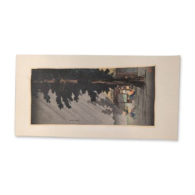 Takahashi Hiroaki (Japanese, 1871-1945), Woodcut on Paper, Sudden Shower at Takaido