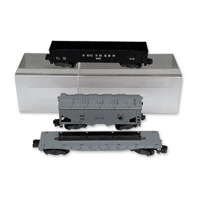 Three Gilbert American Flyer 3/16 Scale Trains, Gondola, Jeep Transport & Cement Car