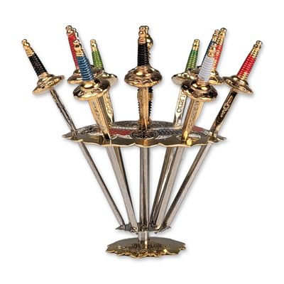 13pc Spanish Toledo Gold-Toned Enamel Miniature Sword Cocktail Pick Set