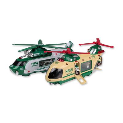 Two Hess Toy Helicopters with Rescue, Motorcycle and Cruiser