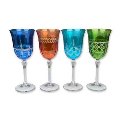 Set of Four Multicolored Cased Crystal Goblets