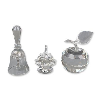 Three Swarovski Crystal Figurines, Apple, Table Bell, and SCS Birthday Cake