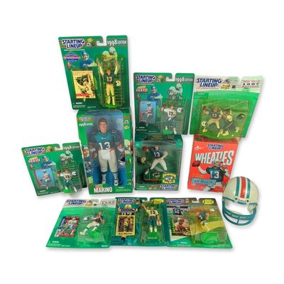 11pc Miami Dolphins Oronde Gadsden Signed Mini Helmet and Dan Marino Action Figure Collection