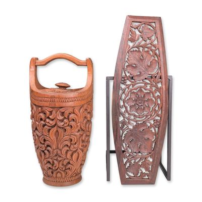 2pc Indian Hand-Carved Wood Panel and Bucket