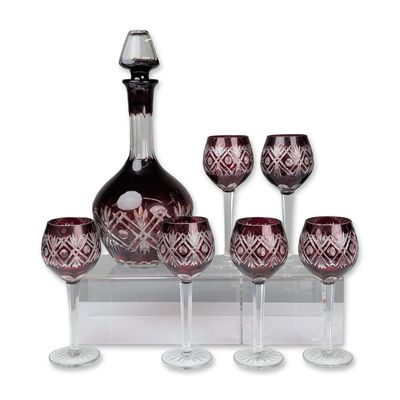 7pc Decanter Set of Bohemian Cranberry Cut to Clear Glass