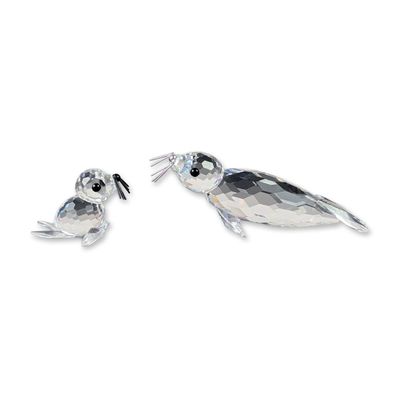 2pc Swarovski Silver Crystal Faceted Seal Figurines
