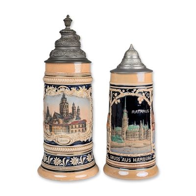 2pc German Relief Stoneware Beer Steins