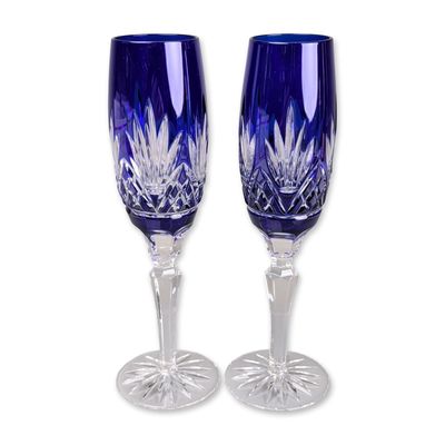 Pair of Cobalt Cut-to-Clear Champagne Flutes