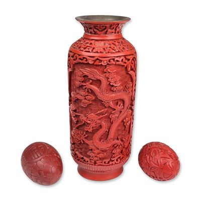 3pc Chinese Carved Cinnabar Lacquer Vase and Eggs