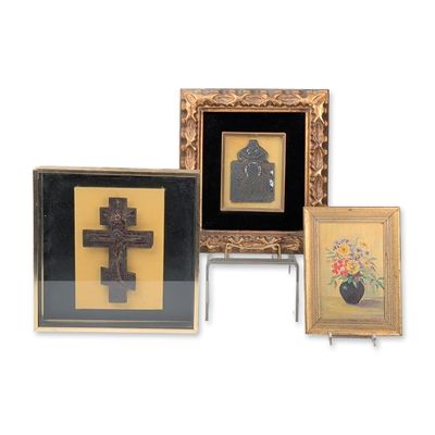 Three Framed Russian Orthodox Metalwork and Floral Miniature Art