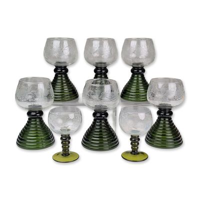 8pc Etched Glass Roemer Wine Glasses and Goblets