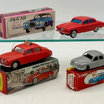 3 Vintage Hong Kong Plastic Friction Jaguar Cars w/ Original Boxes