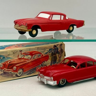 Two Vintage Red Plastic Toy Cars with Original Box