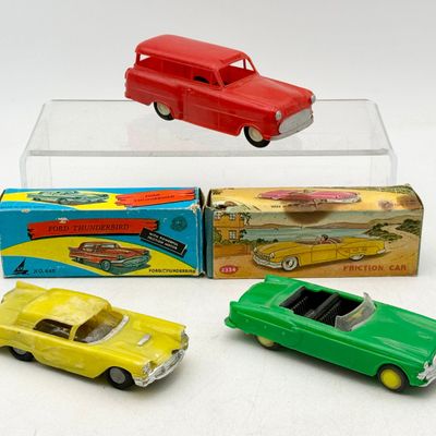 3 HK Plastic Toys Friction Cars and 2 Original Boxes