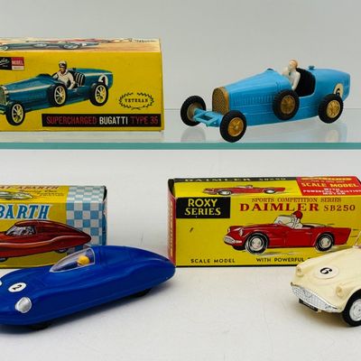 3 Vintage HK Friction Racing Cars with Boxes
