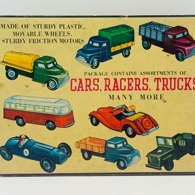 Set of 8 Vintage Plastic Friction Motor Toy Vehicles in Box