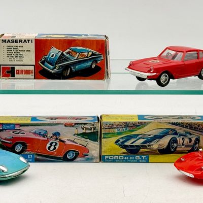 3 Vintage Hong Kong Plastic Friction Sports Cars w/Original Boxes